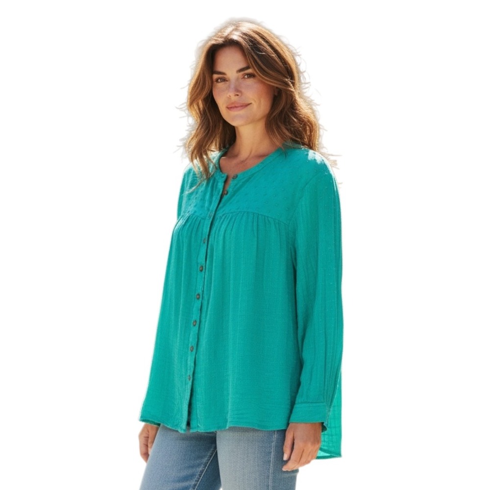 Pilcro Anthropologie Turquoise Clip‎ Dot Gauze Button Front Blouse XS New